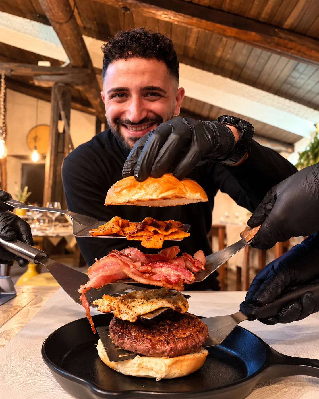 Il titolare compone un panino gourmet