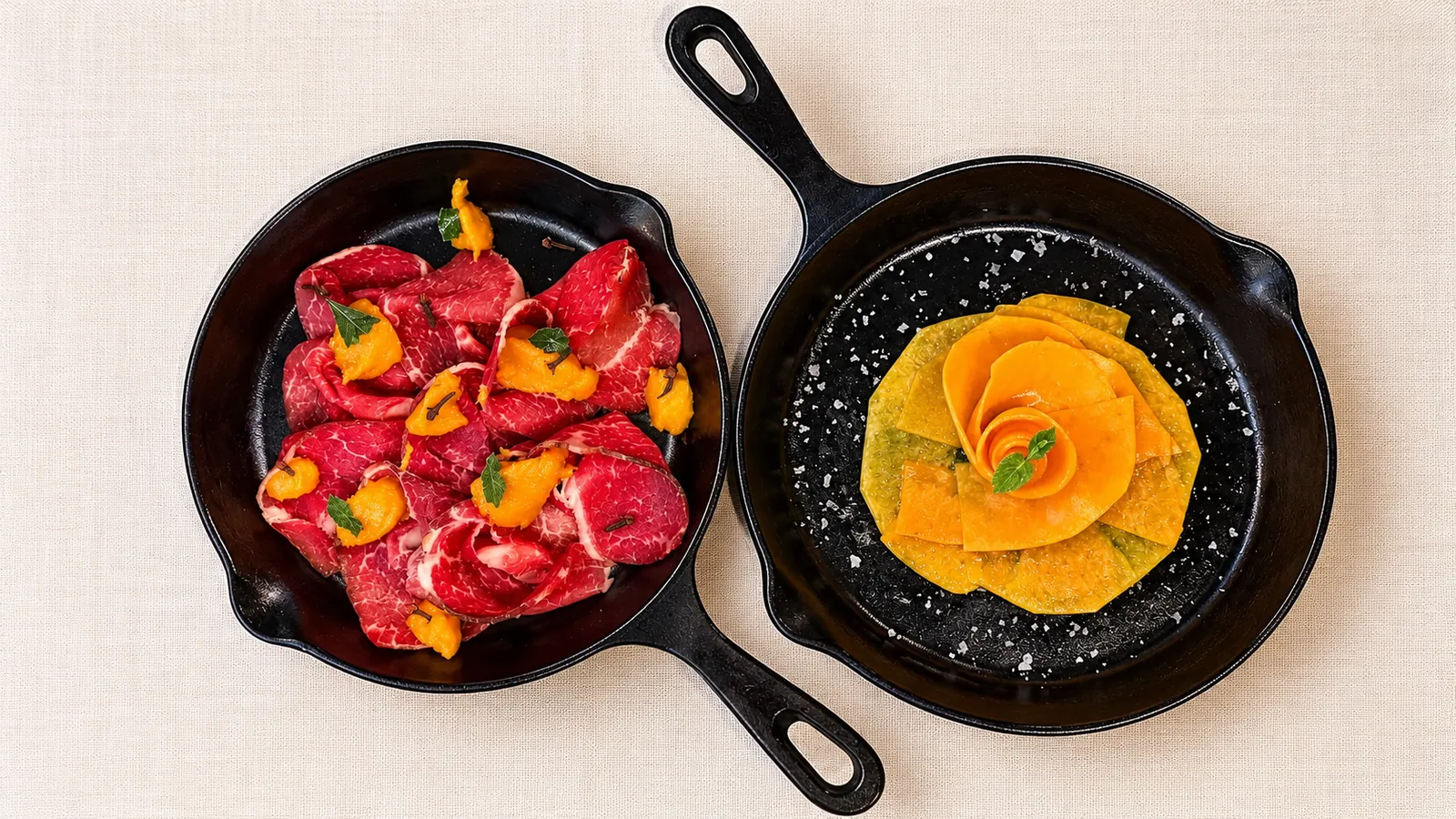 Carpaccio e fiori di zucca in padella di ghisa