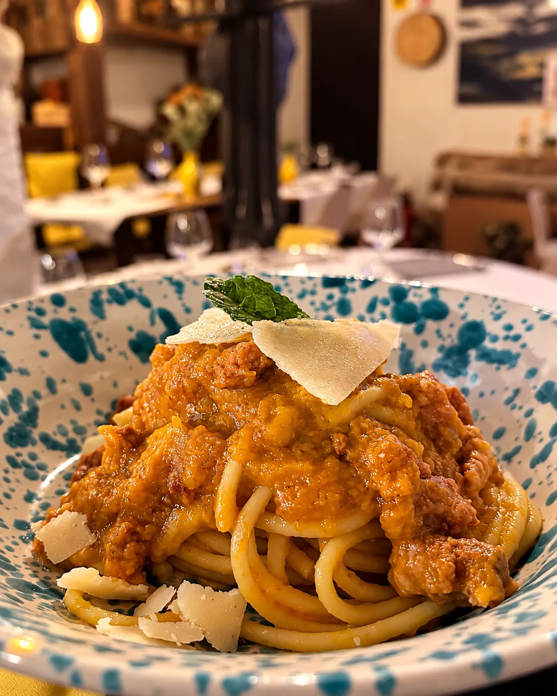 Spaghettoni con ragù e scaglie di formaggio