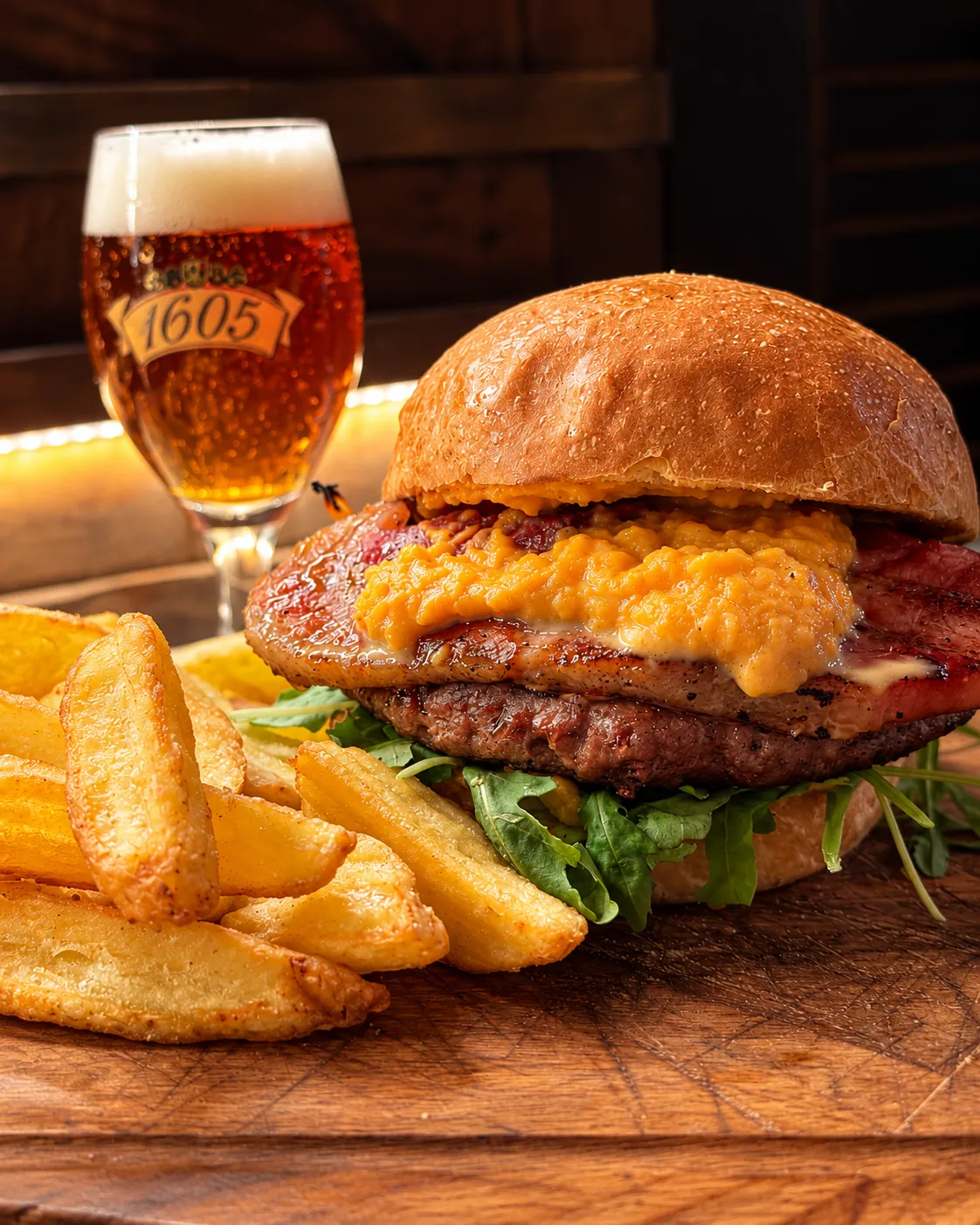 Burger con patate e birra alla spina
