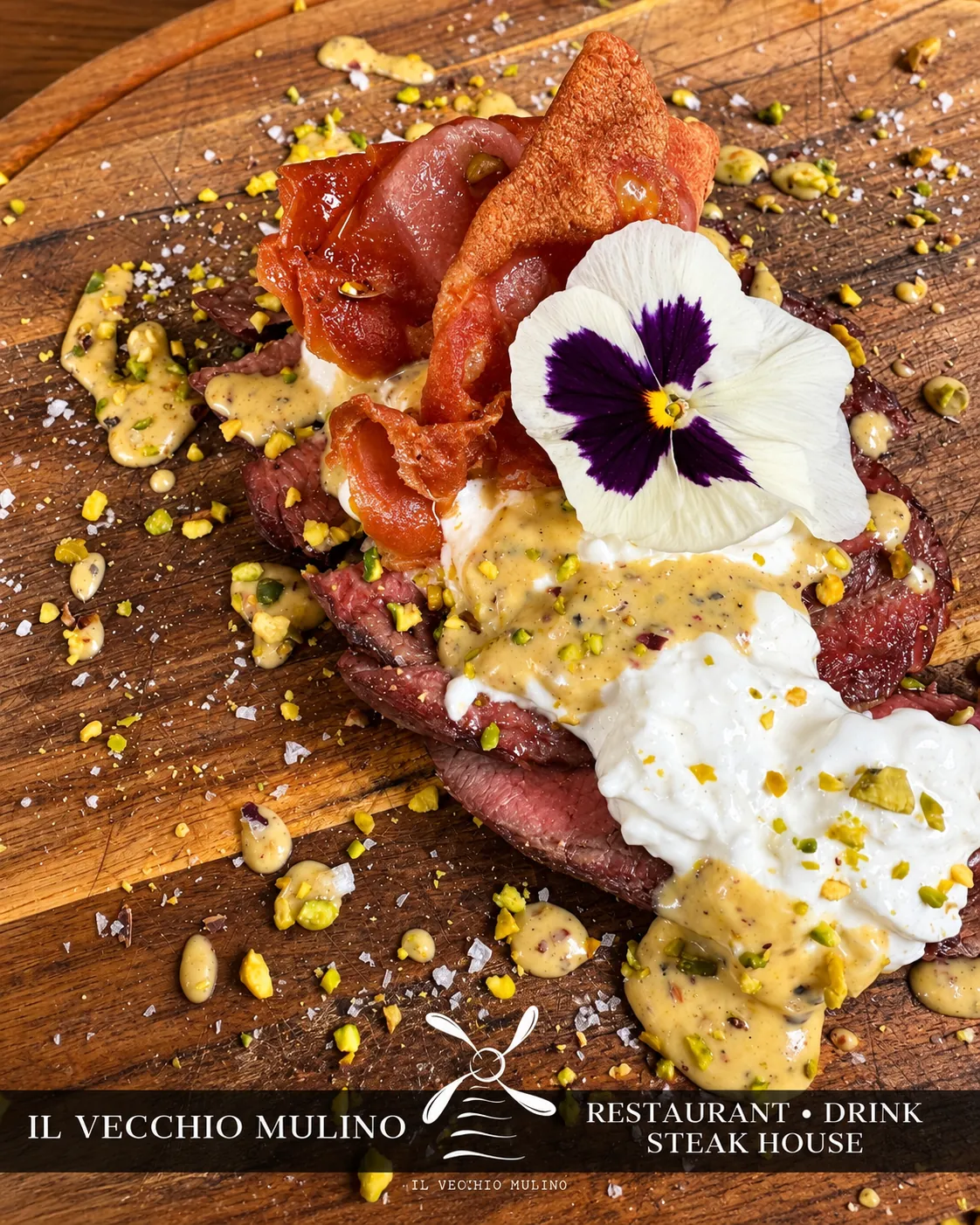 Tagliata con crema di pistacchio e stracciatella