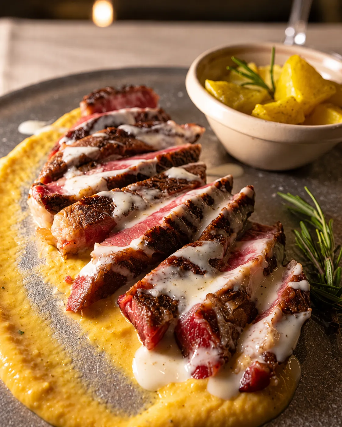 Tagliata su crema con patate al forno