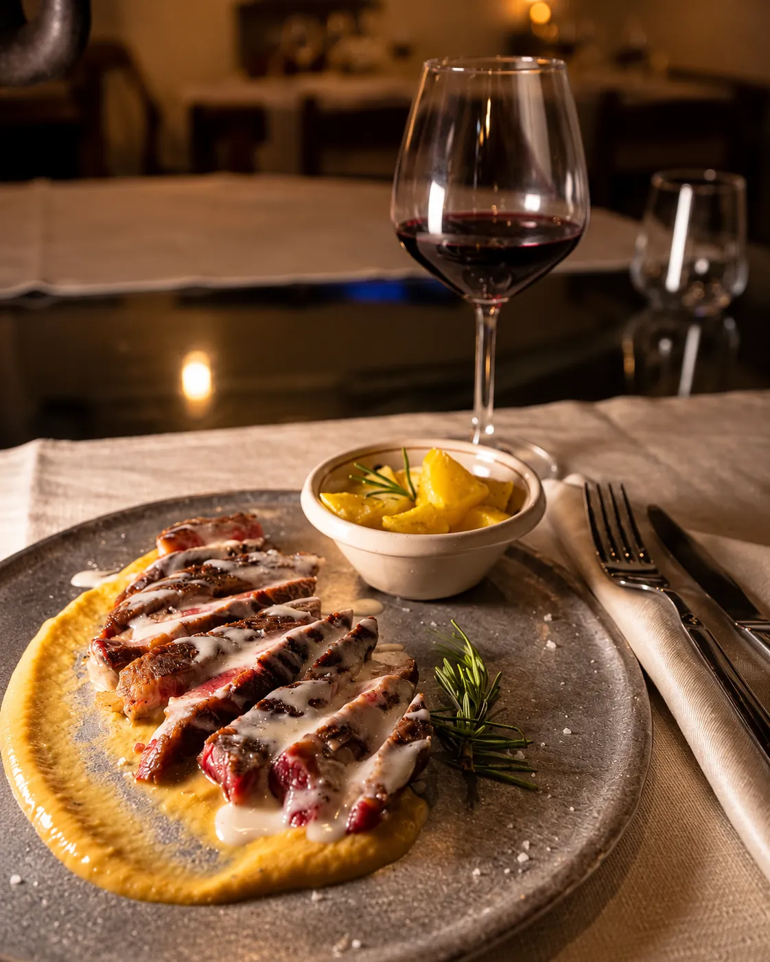 Tagliata e calice di rosso
