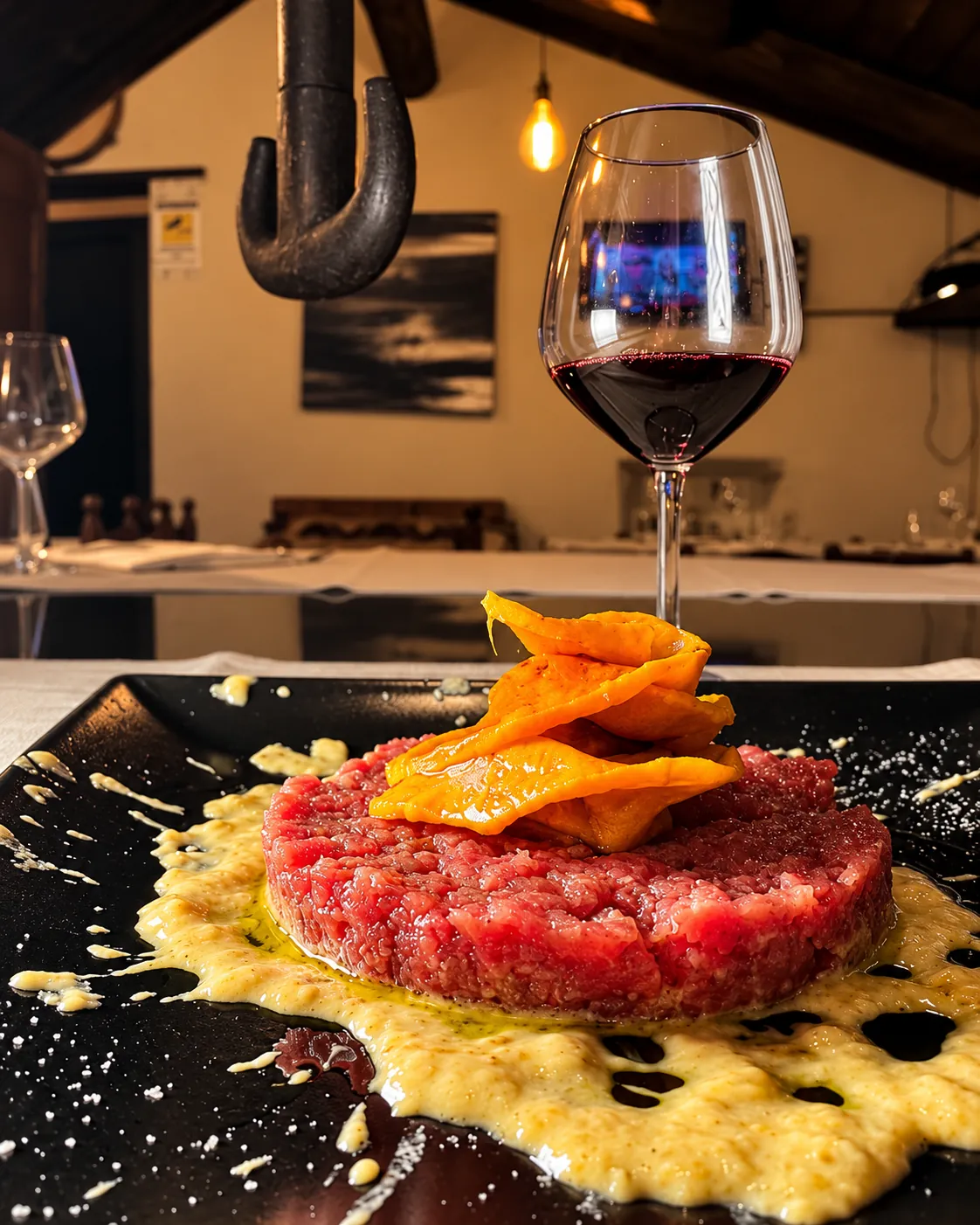 Tartare di manzo e calice di rosso