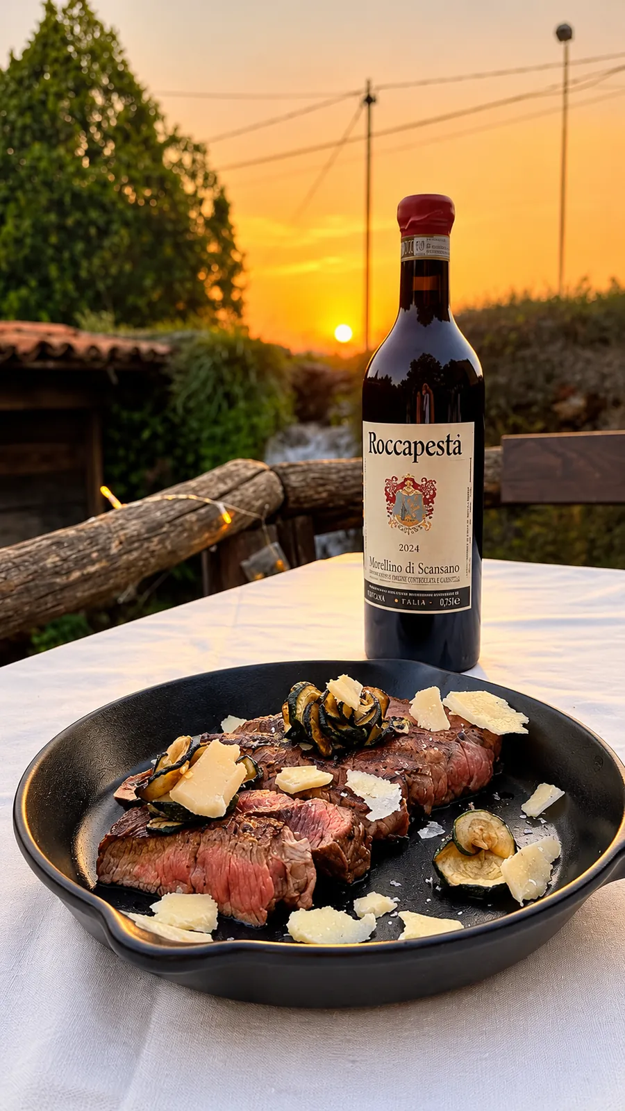 Tagliata e vino rosso al tramonto